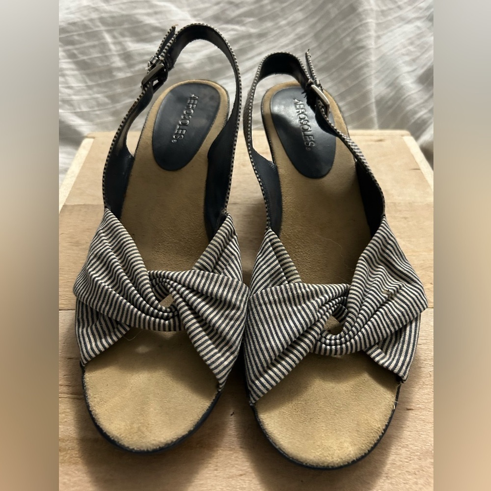 Aerosoles Open Toe Denim Sling Back corkscrew Wedge Women Size 10